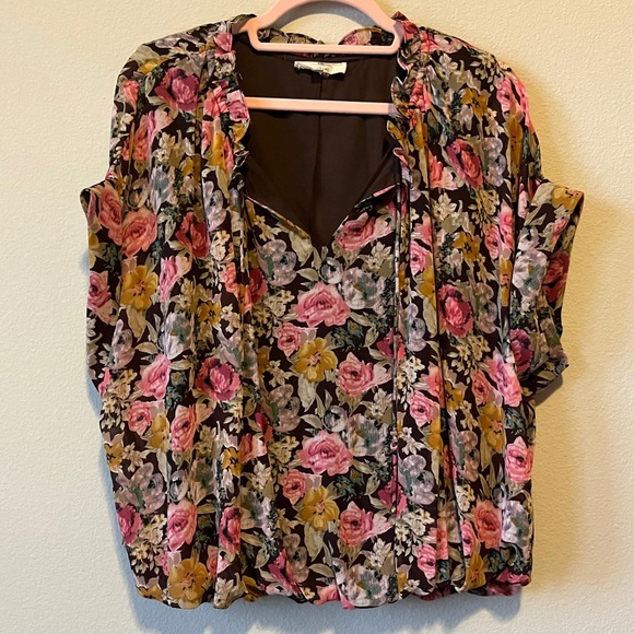 Entro Floral Print Chiffon Blouse Ruffle Neck Boho Romantic Short Sleeve Top  M‎ - Picture 3 of 12